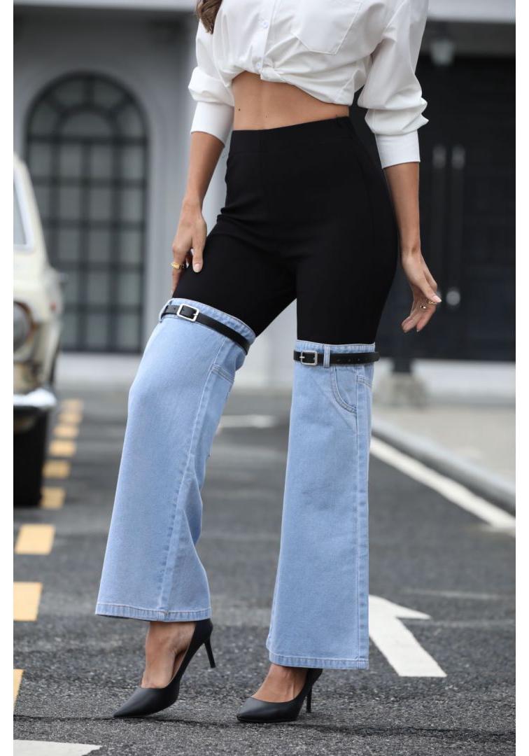 

Plus Size Slim Knitted Denim Patchwork Wide Leg Elastic Waist Casual Pants XL