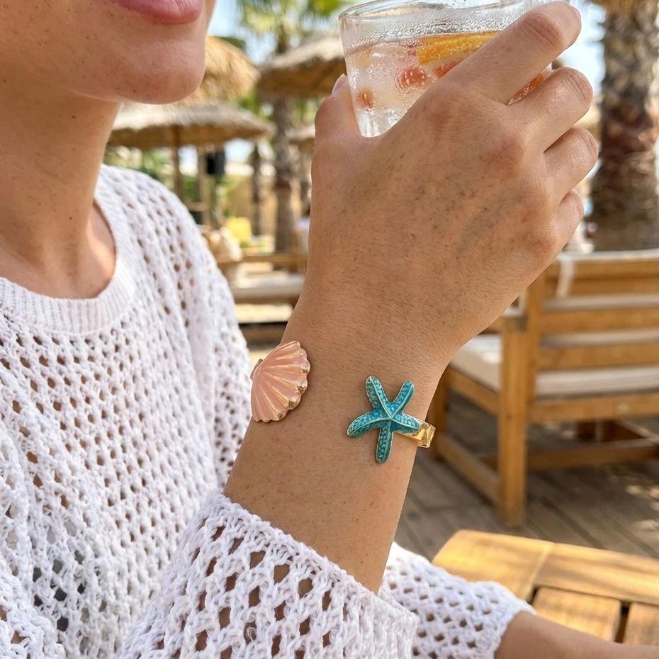 Classic Ocean Element Open Cuff Bracelets for Women Vintage Punk Starfish Shell Bangle Summer Beach Party Jewelry Gifts