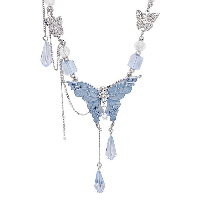 Těžký průmysl Modrý Křišťálový Motýl Třásně Náhrdelník Dámský 2025 Nový Řetízek na Klíční kost