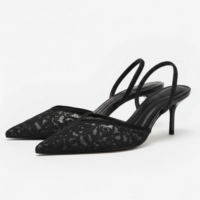 Elegantes Sapatos de Salto Pretos Bordados com Flores para Mulheres Sandálias Mules Slingback Sexy com Biqueira Pontuda Sapatos de Designer de Luxo