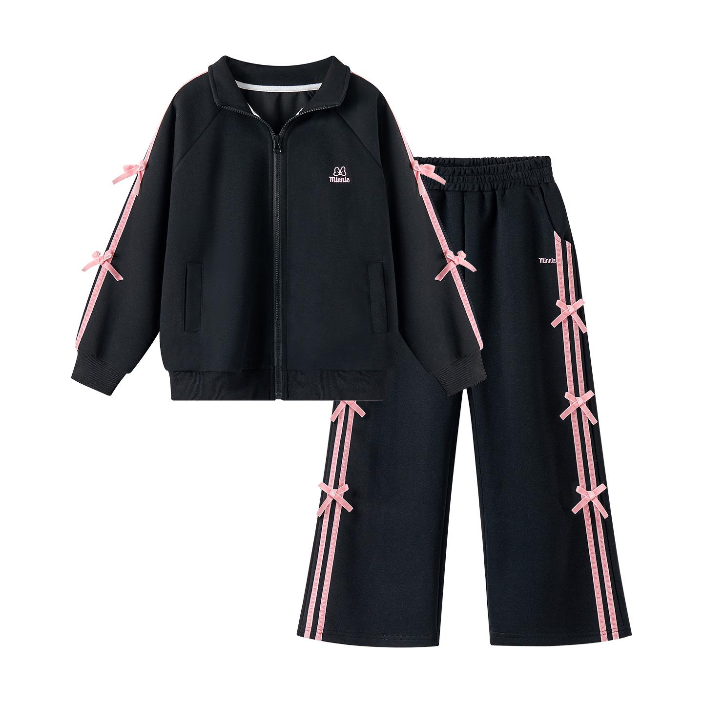 

Girls Autumn Sportswear Set: Stand-up Collar Top & Wide-leg Pants 150 cm чорний