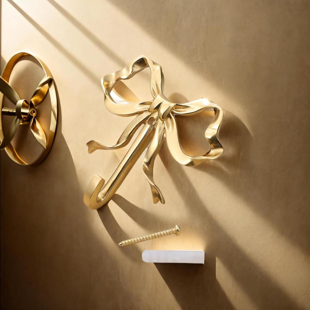 Bow Hook for Wall Decorative Bowknot Hook Gold Coat Hooks Wall Peg Hook Bow Hanging Hook Towel Hook Brass Bow Hook for Home (2.63X2.52X0.59in,Gold)