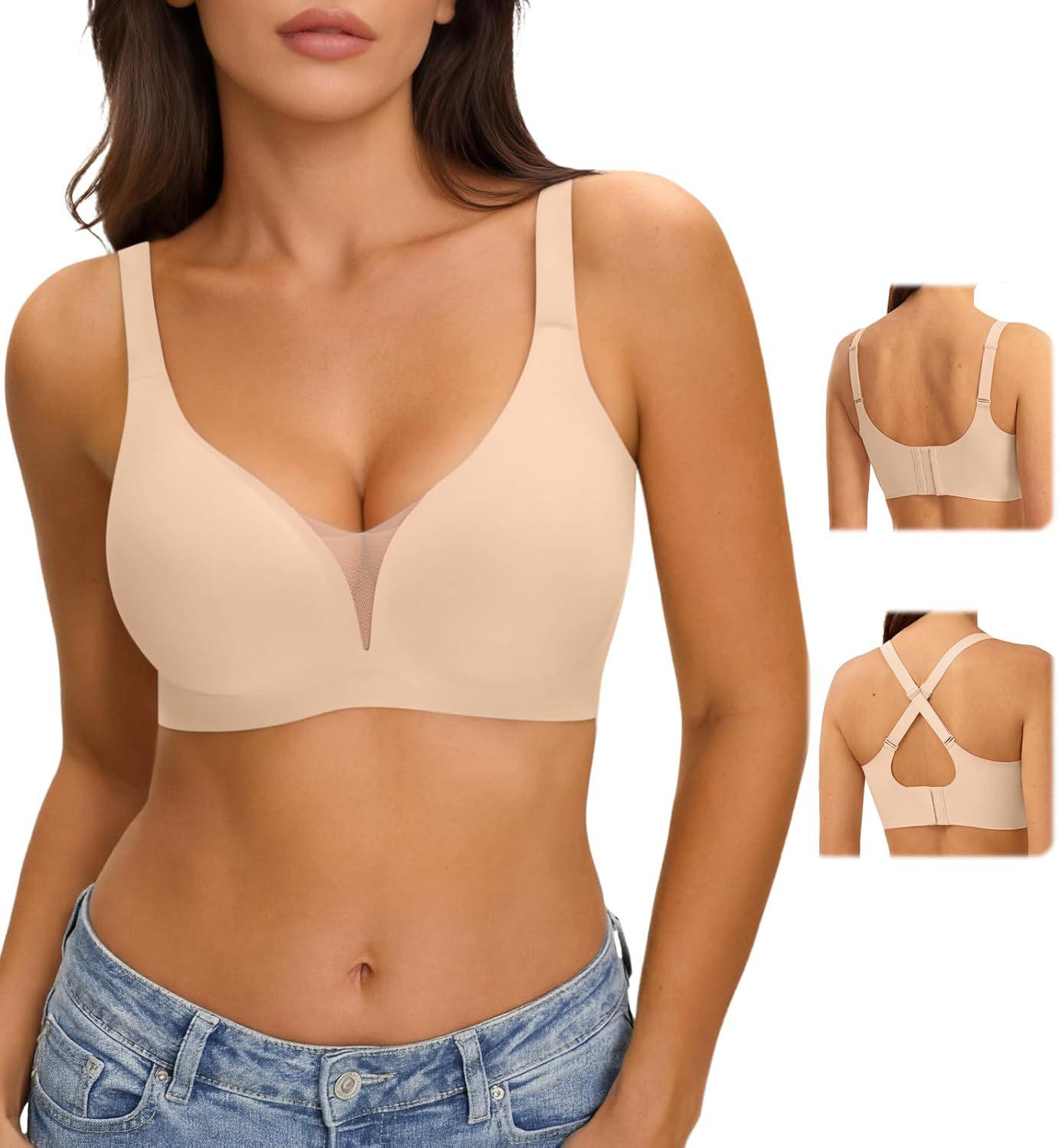 LUCKMEEY Wireless V Mesh Ballet Support Jelly Seamless T-shirt Bra for Women Medium