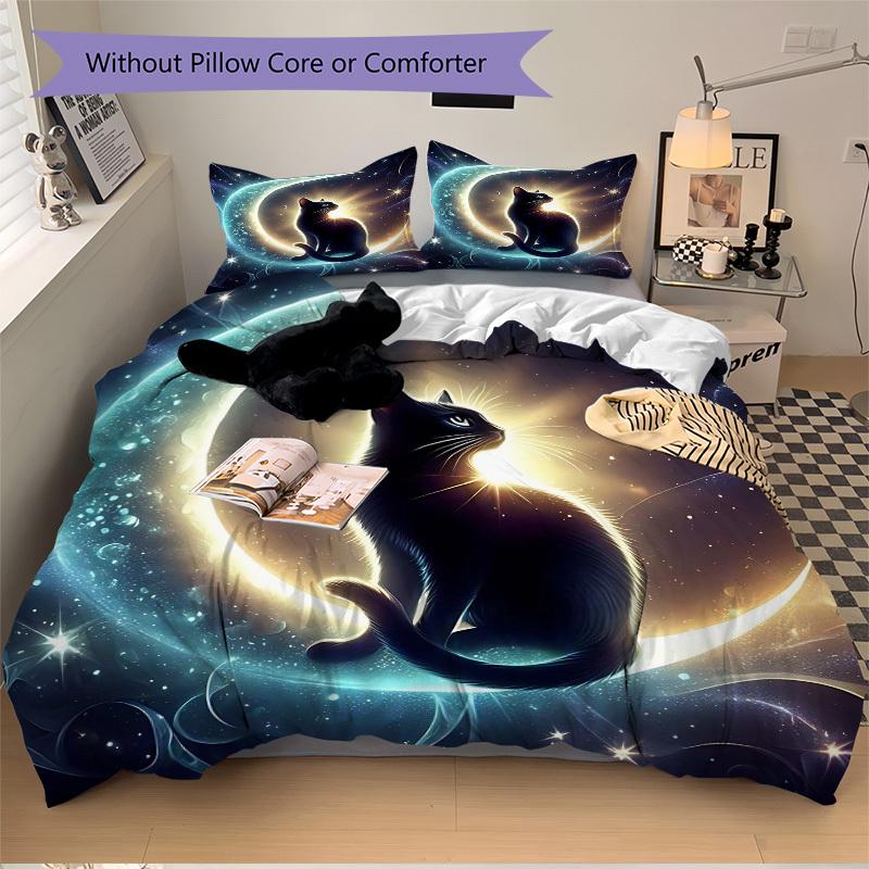 3pcs Anime Cat Moon Stars Bedding Set - Includes One Quilt Cover and Two Pillowcases (No Core) - Home Decor, Festival Gift, Polyester Fabric