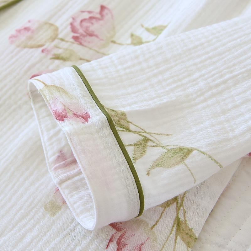 Dámská pastorální pyžamová souprava - Dlouhý rukáv, dvouvrstvý krep, čistá bavlněná gázovina na jaro, léto, podzim.