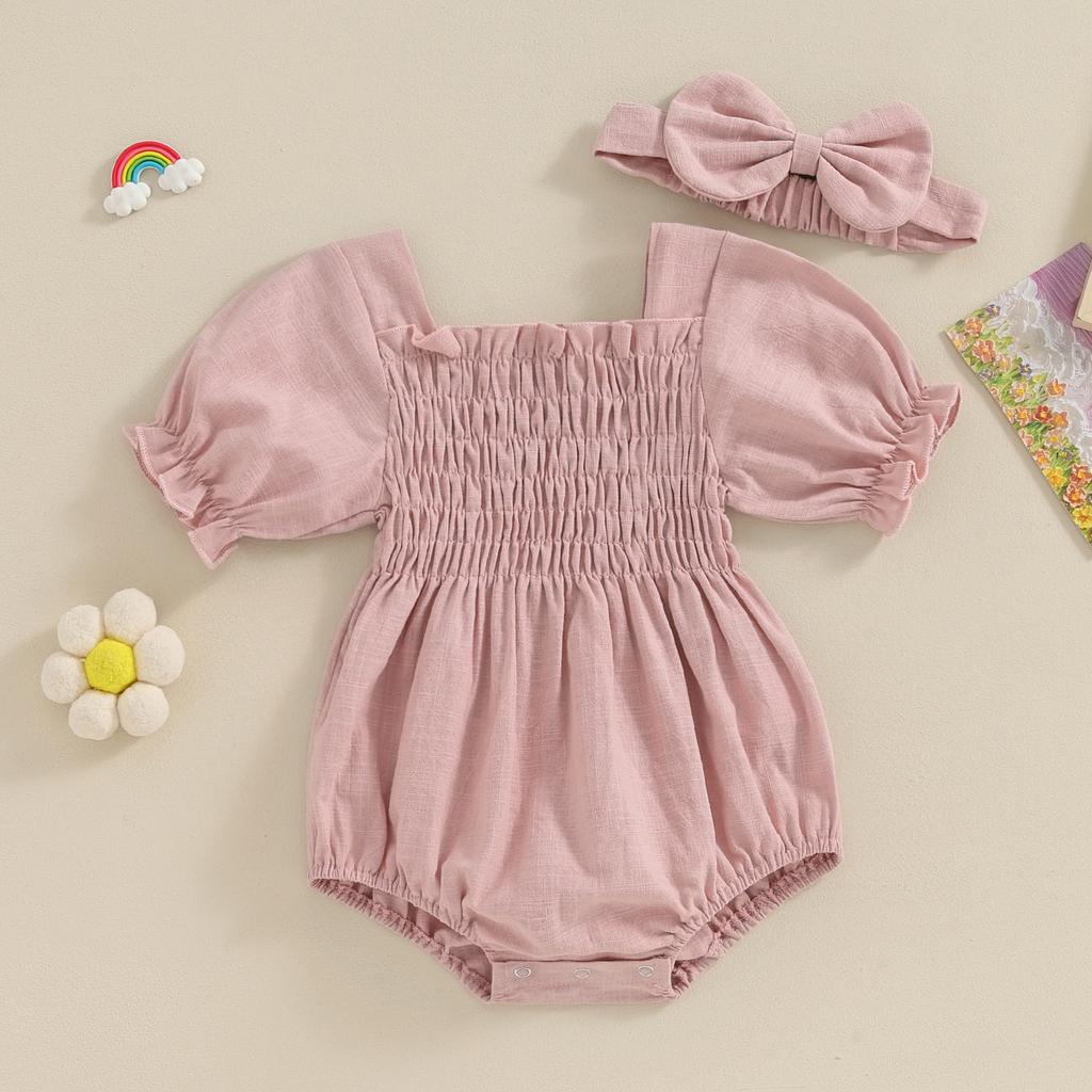 Infant Baby Girl Summer Jumpsuit Solid Color Short Sleeve Square Neck Shirred Romper with Bow Headband
