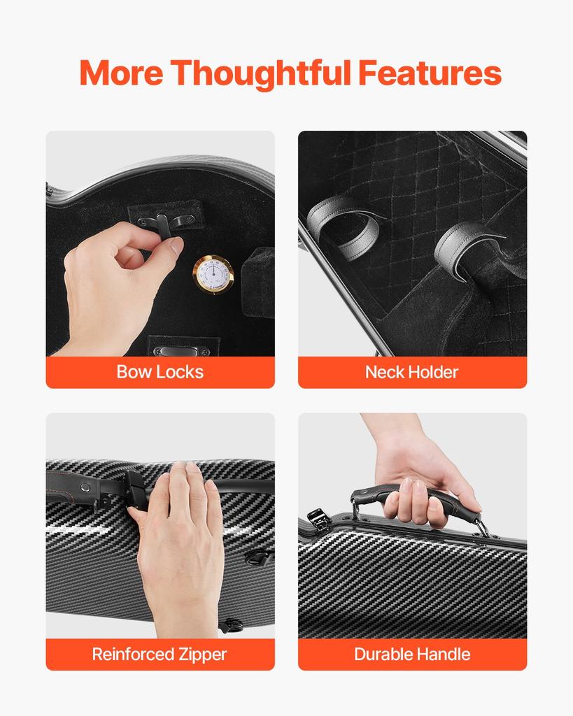 VEVOR 4/4 Full Size Violin Case, Built-in Hygrometer, Lightweight Portable Travel Carrying Bag, with Plush Lining, Dual Shoulder Straps, Anti-Scratch