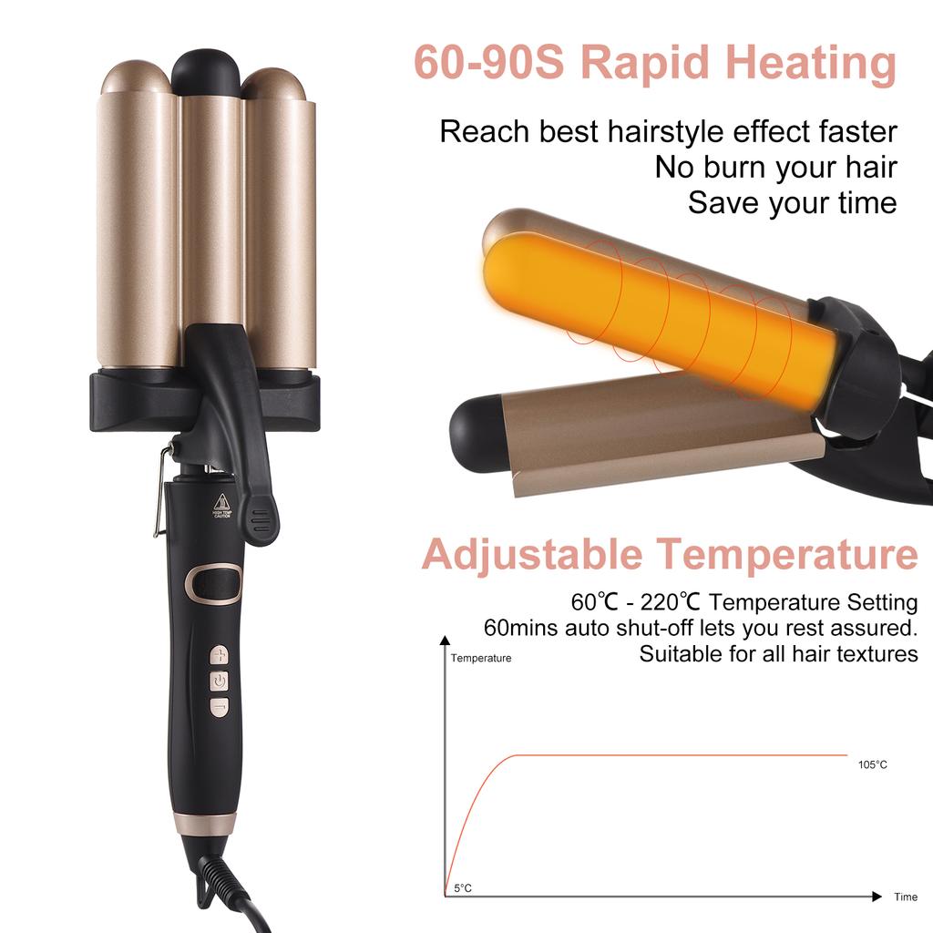 Pretfy Hair Curling Iron 3-Barrel 32mm Hair Waver Hair Curler Temperature LCD Temp Display Hair Styling Tool