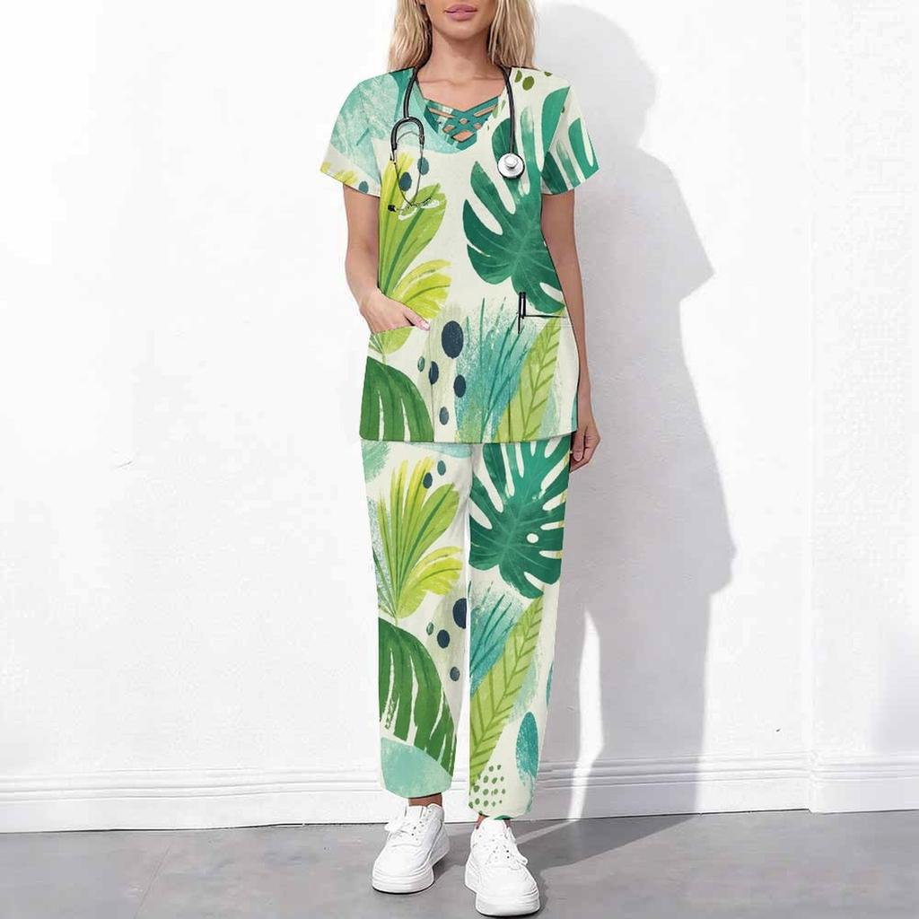 Women Plus Size Tropical Leaf Print Scrub Set Cutout Neck Short Sleeve Top With Pockets Long Pants