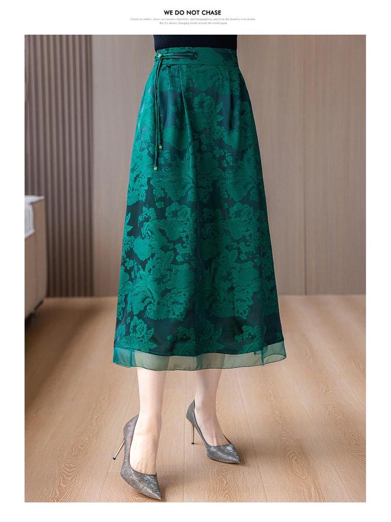 Damen Frühling/Sommer Schwarzer Jacquard A-Linien-Rock: Retro High Waist Schlankmachend für Mütter mittleren Alters