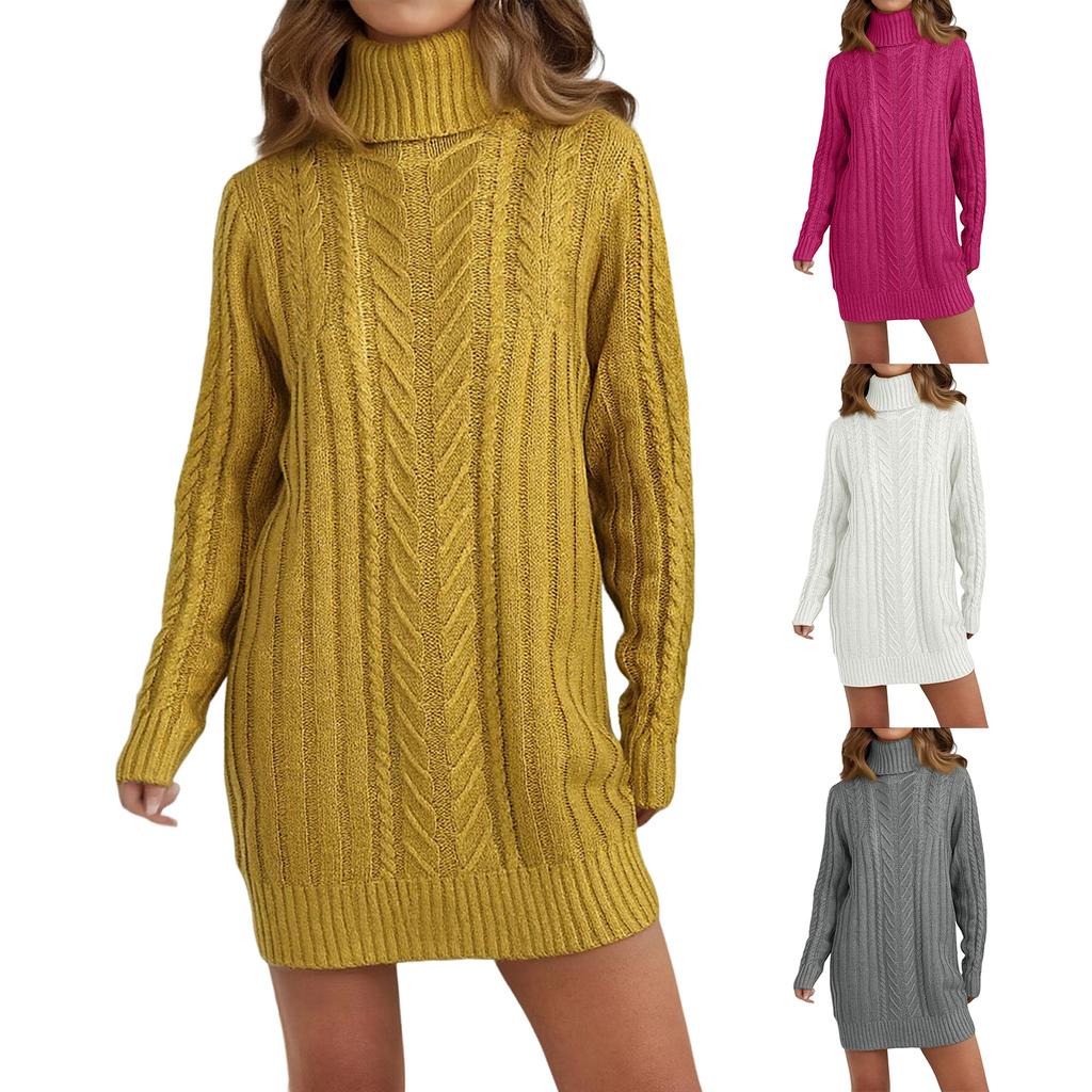 Women's Fall And Winter Knitted Long-Sleeve Turtleneck Cable-Knit Slim-Fit Sweater Dress