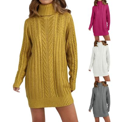 Women's Fall And Winter Knitted Long-Sleeve Turtleneck Cable-Knit Slim-Fit Sweater Dress