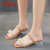 Aphixta 2025 Summer 4cmTransparent Square Heels Women Sandals Slides Pearl Butterfly-knot Open Toe Flip Flops Mujer Big Size 45