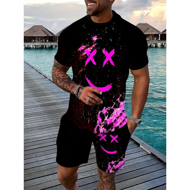Summer Men's Colorful Happy Printed Fashion Sports Set - Comfortable T-shirt and Shorts