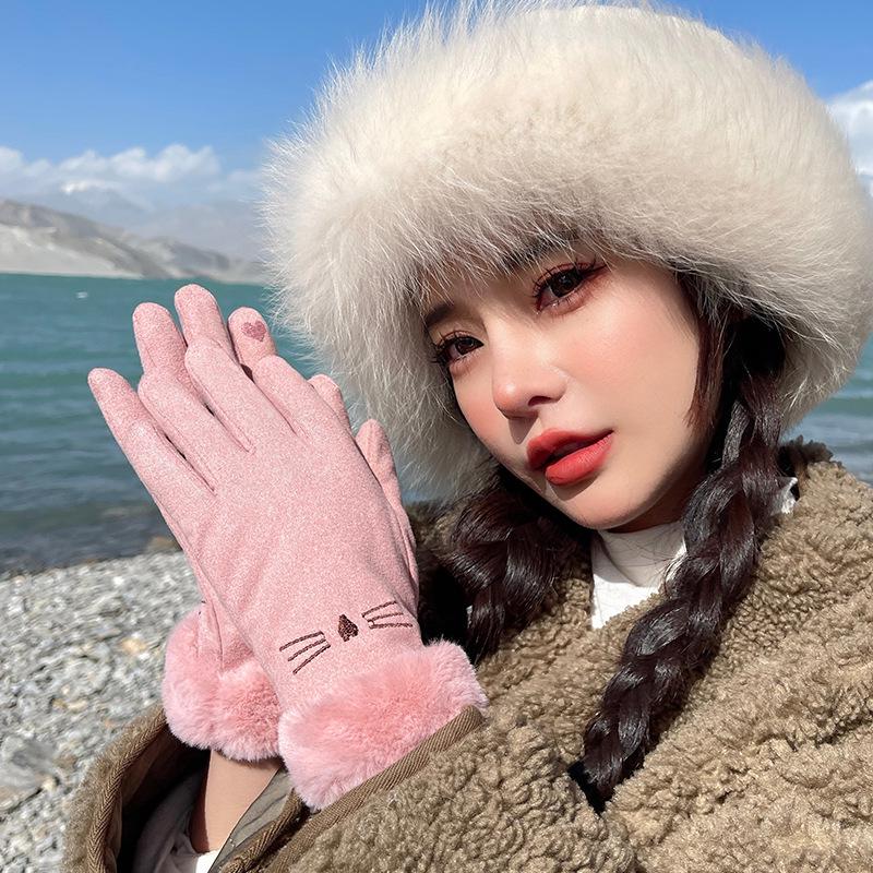 

Velvet Warm Women s Winter Cycling Gloves: Windproof, Touchscreen, Plush, Cute Embroidered Knit (DY38) One Size сірий колір