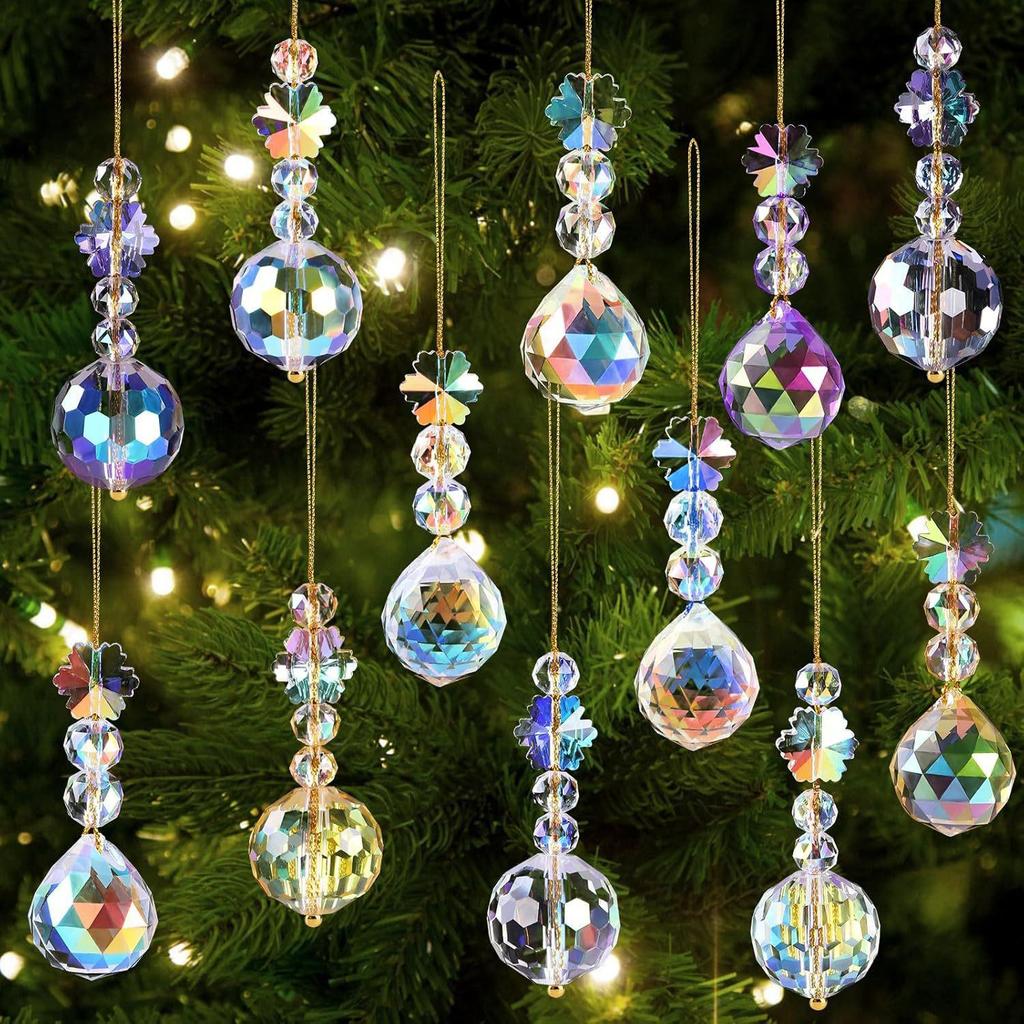 12-Piece Christmas Crystal Ball Ornaments - Colorful Prism Glass Decorations for DIY Tree Crafting.