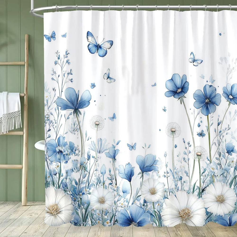 1PC Blue Flowers and Butterflies Shower Curtain,  Floral and Leaf Bathroom Decorative Curtain,Polyester Home Curtain with Hooks