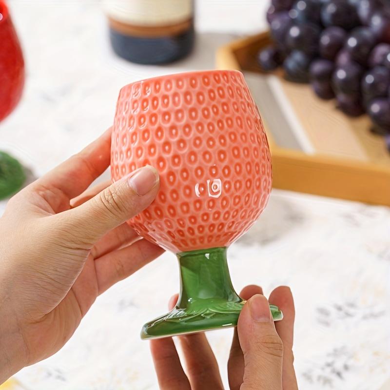 Ceramic Strawberry Embossed Wine Glass Set, Large European Style Stemware for Dining and Milk, Reusable, Insulated , Machine Washable