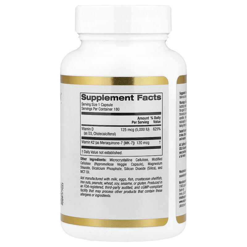 Vitamin D3 + K2 as MK-7, 180 Veggie Capsules