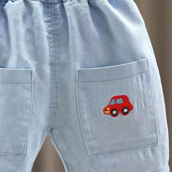 Cămașă cu mânecă scurtă cu rever cu model de mașină acoperită cu bumbac pentru bebeluși de vară de 0-5 ani, cu set de 2 piese de pantaloni scurți versatili casual din denim