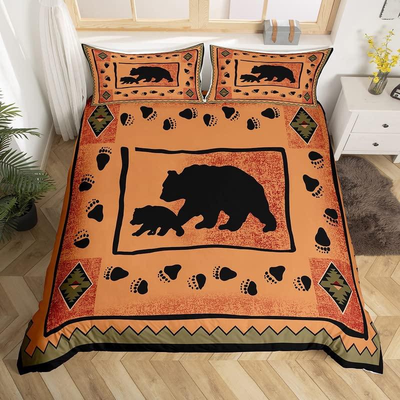 Bear King Queen Duvet Cover Rustic Western Wildlife Comforter Cover Pine Cone Farmhouse Wooden Bedding Set Polyester Quilt Cover