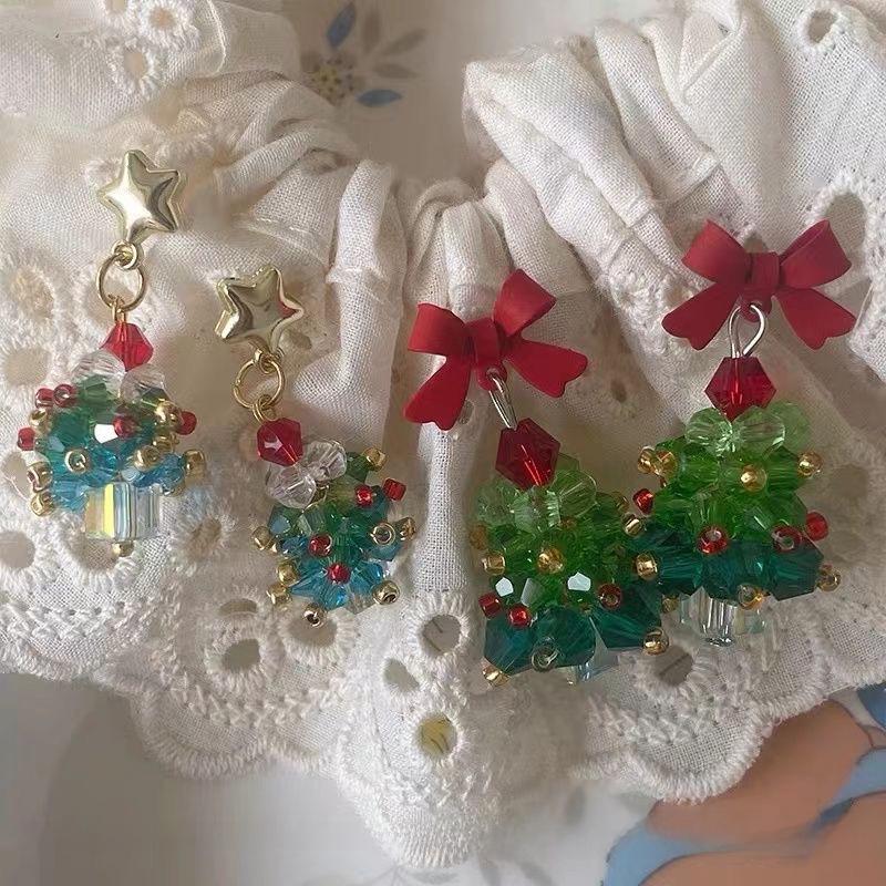 3D Christmas Tree Earrings with Red Bow - Heavy Beaded Crystal Ear Clips, Hand-Woven Holiday Accessories