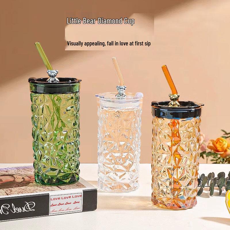 Ins Glass Love Straw Cup with Lid - Portable Diamond Bear Design for Office & Cold Brew Coffee