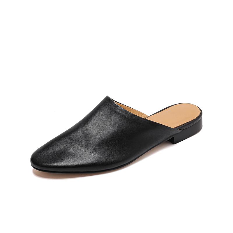 Fashion 2025 New Genuine Leather Low Heels Round Toe Slippers Women Natural Leather Casual Slippers Female Daily Walk Mules Slippers