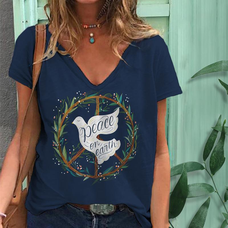 Summer V-neck 3D Pigeon Printed Top Fashionable Casual Short Sleeved Women's T-shirts