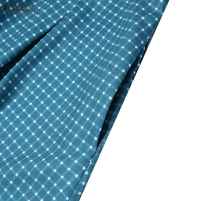 ZANZEA Women Casual Turn Down Collar Long Sleeve Grid Print A-Line Dress