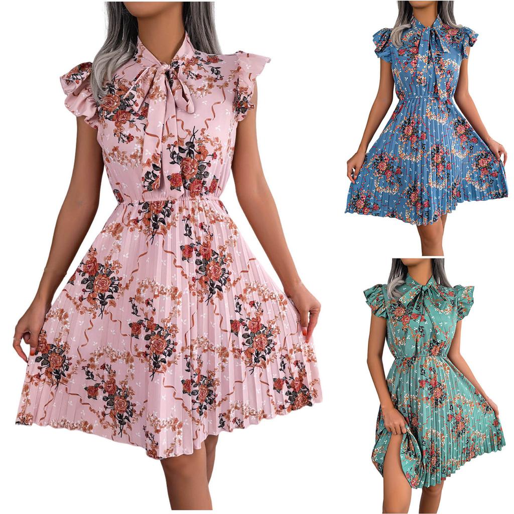 French Print Lace Up Bow Dress
