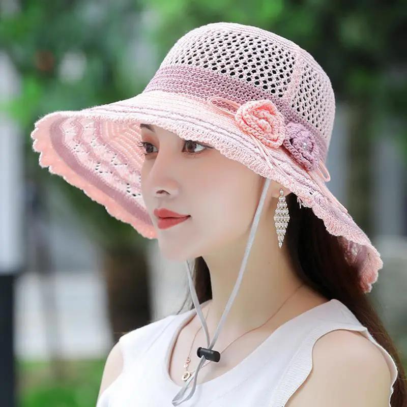 WTEMPO Women's Spring Summer Foldable Washable Sunshade Hats Large Rim Beach Sunscreen Flowers Knitted Hats