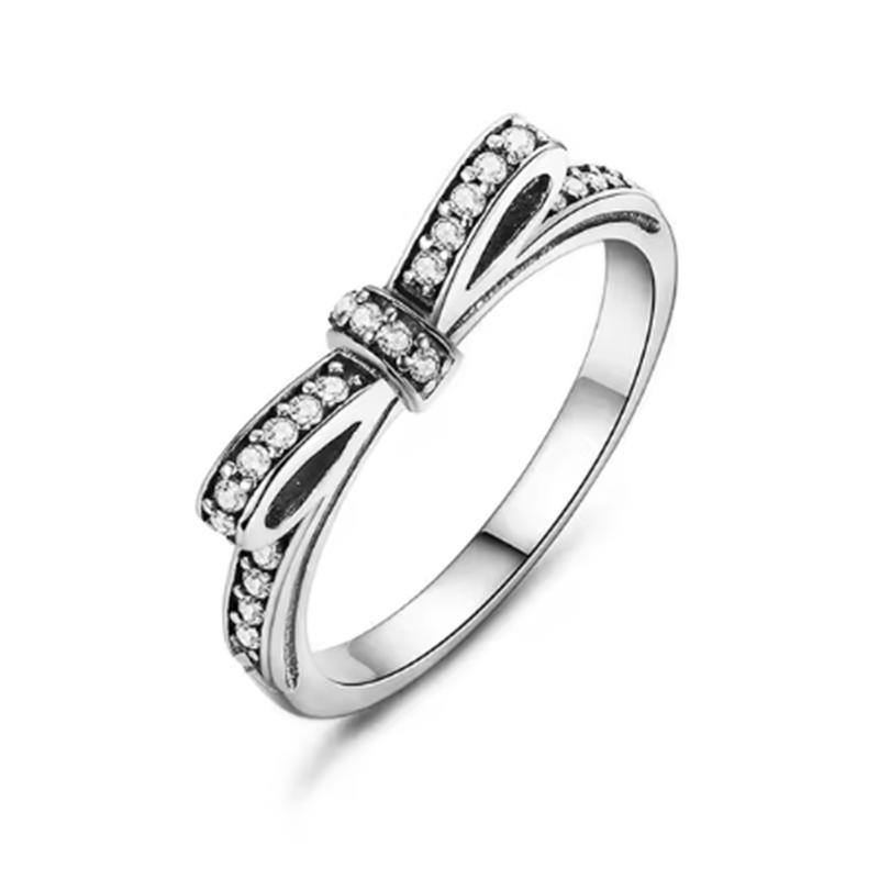 New 925 Silver Sparkling Bow Double Hearted Zircon Ring for Women DIY High Quality Wedding Jewelry Gifts