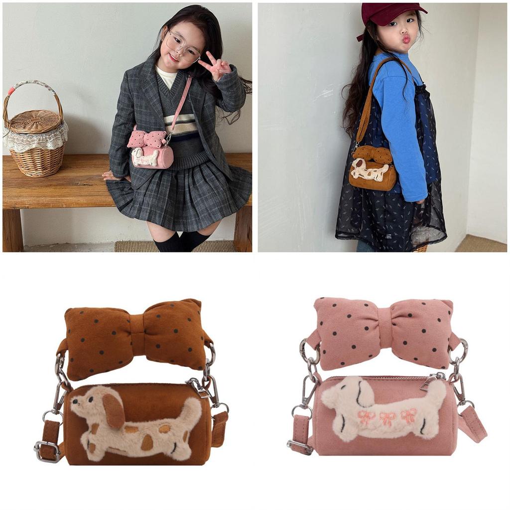 Princess Style Girl Bucket Bag With Bow And Dog Decoration For Kindergarten Daily Use