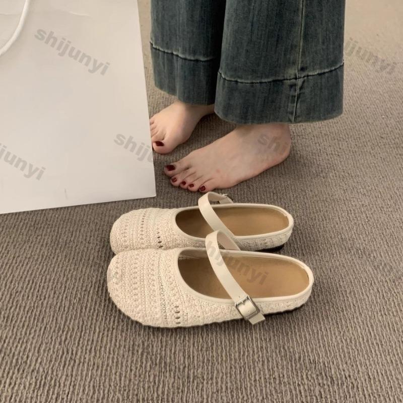 Fashion Women's Half Slippers 2025 Spring Summer New Vintage Fly Weave Baotou Flats Fashion Square Button Slip on Outdoor Casual Sandals