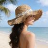 Beach-Style Vacation Sun Hat Summer Floral Wreath Straw Hat for Women Woven Wide-Brimmed Sun Protection Hat