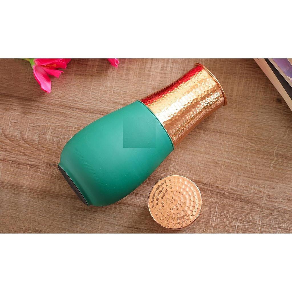 Pure Copper Bedroom Bottle, Vase Design Half Green Silk Half Hammered Finish, Drinkware & Storage Purpose - Volume 1425 Ml