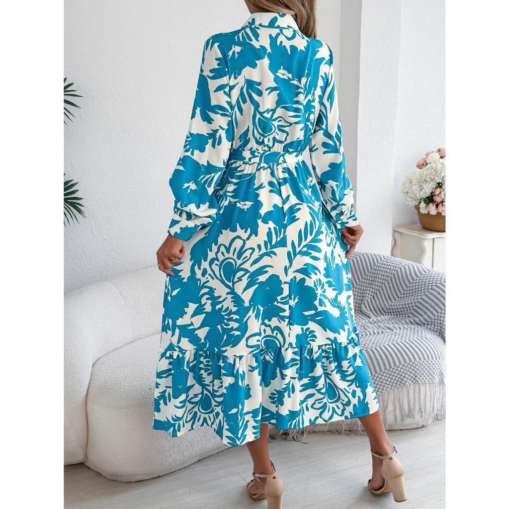 GMXIA Spring Summer Casual Flower-patterned Long-sleeved Shirt Dress Ruffled Long Dress Women's Clothing