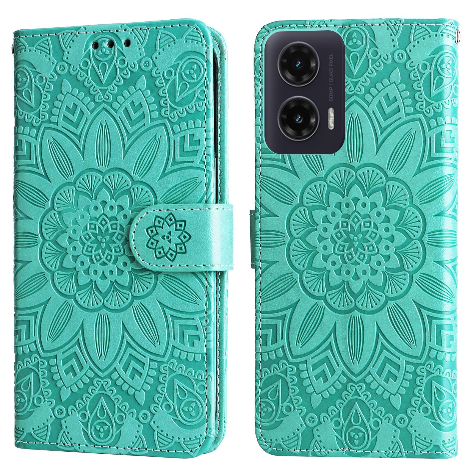 

For Motorola Moto G35 5G Case Sunflower Imprint Leather Wallet Phone Cover Green