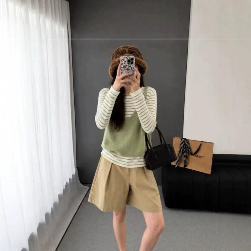 Womens Striped Knit Top Fake 2 Piece Long Sleeve V Neck Loose Fit Early Casual Sweater