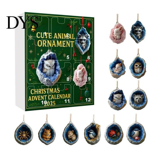 Christmas Advent Calendar Geode Animal 2025 2D Acrylic Forest Animals Tree Hanging Charms Xmas Ornaments 12 Days Countdown for Holiday Decor Gifts