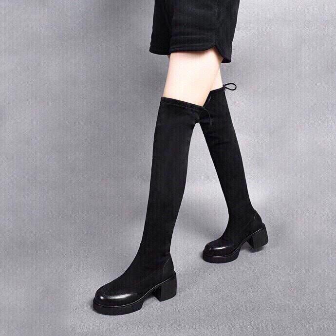 

Длинные сапоги женские сапоги осень и зима новые высокие сапоги сапоги до колена на толстой подошве на толстом каблуке кожаные сапоги 37