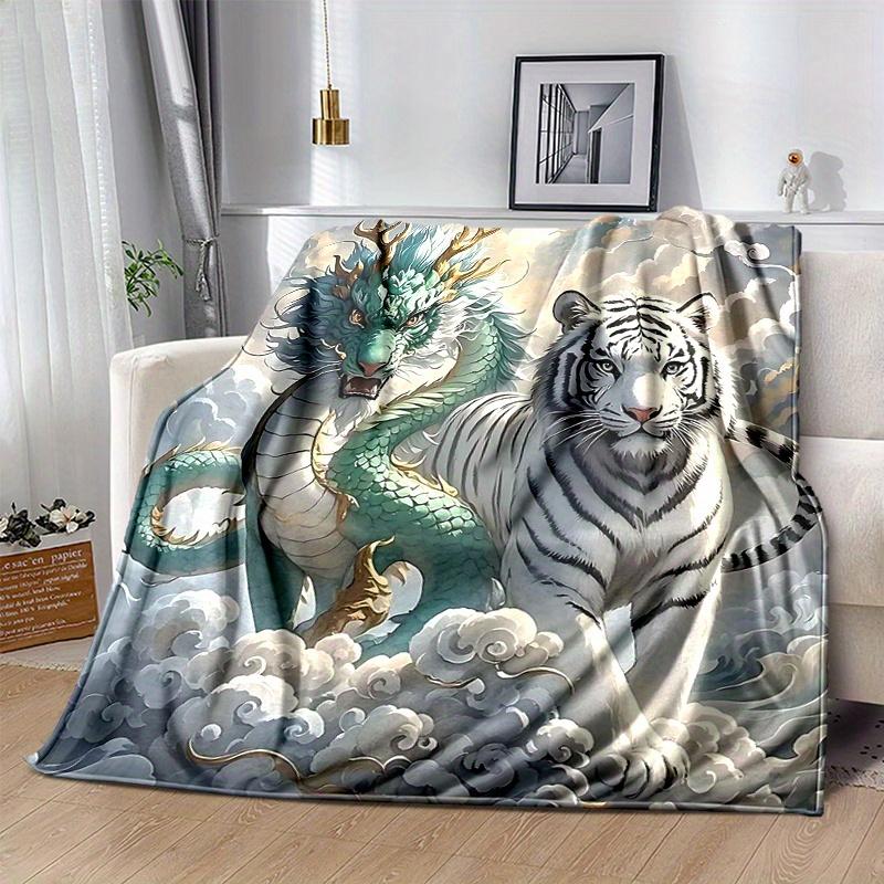 1pc Turquoise Dragon and Snow Tipped Tiger Soaring Through Clouds Blanket Bedding Throw for Room Decor, Living Room, Travel, Camping, Car Blankets