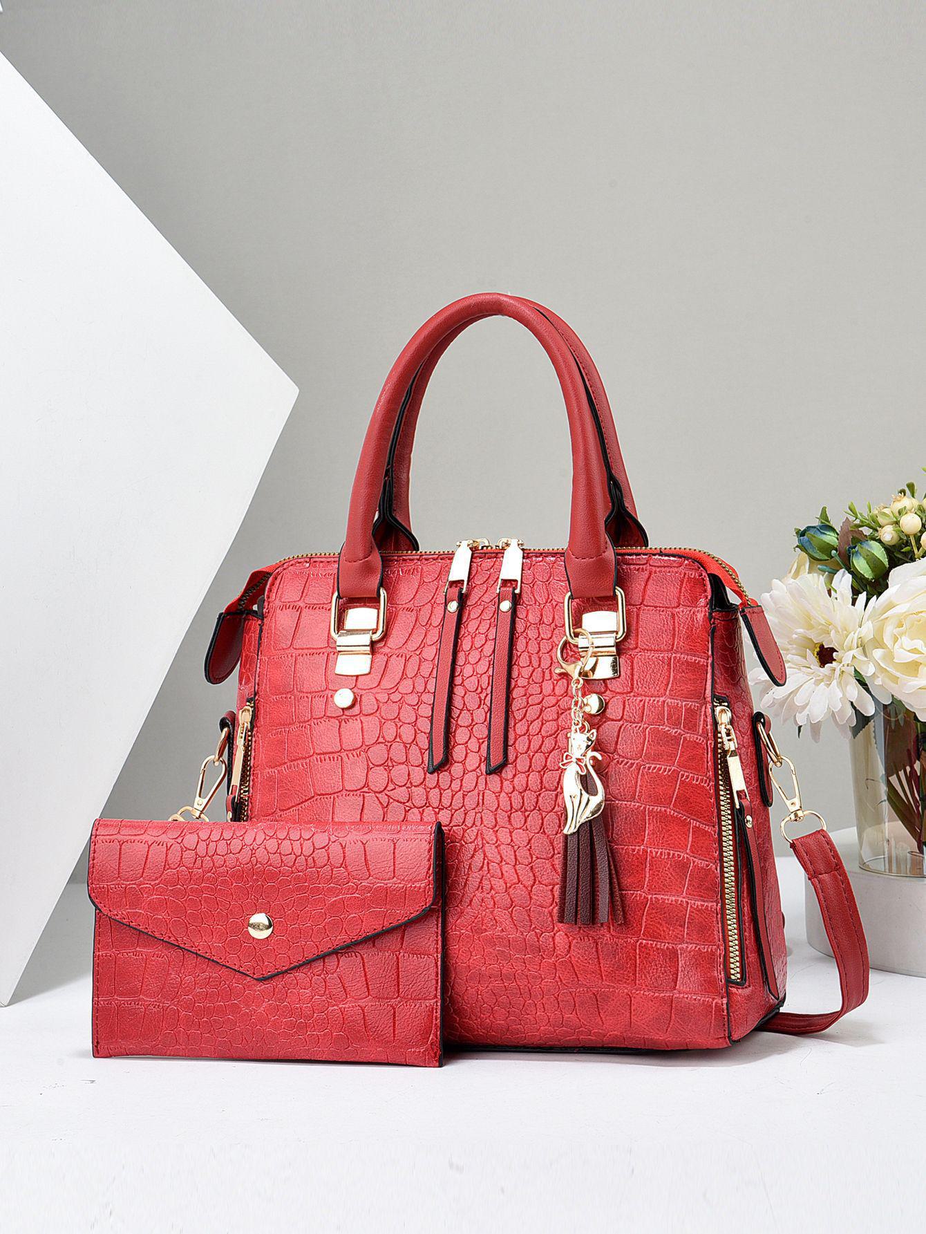

2024 Женский комплект сумок для матери и ребенка с крокодиловым узором: Вместительная, модная сумка через плечо на одно плечо 2 pieces красный
