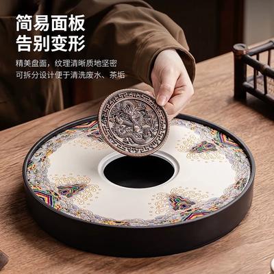 Dual Use Round Ceramic Tea Tray with Drainage and Storage for Dry Wet Brewing Minimalist Gongfu Tea Board for Home Office