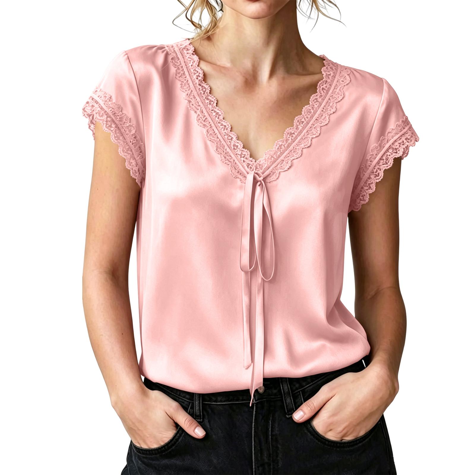 

Women Satin Lace Trim V Neck Short Sleeve Blouse with Tie Front Loose Fit Lightweight Top for Daily Office Wear XL