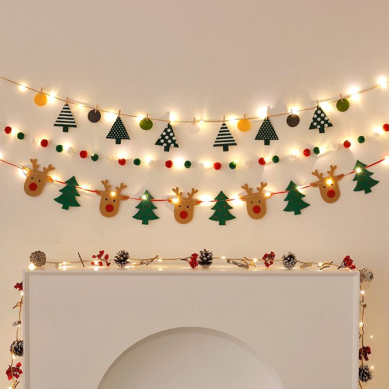 Christmas Party Furry Balls Flag Pendant with LED String Light DIY Handmade for Merry Christmas Holiday Decoration Xmas Pendant