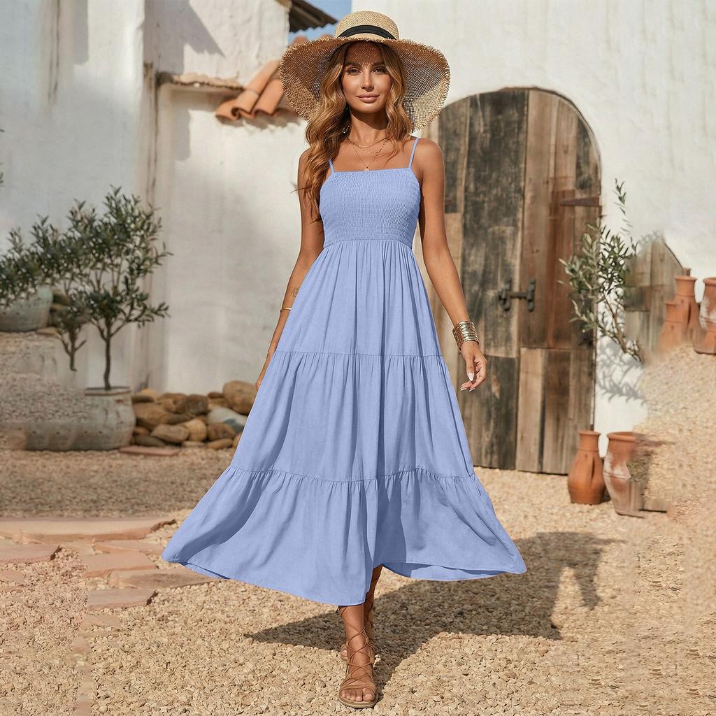 Fashionable Women's Casual Printed Tube Top Shoulder Strap Swing Dress