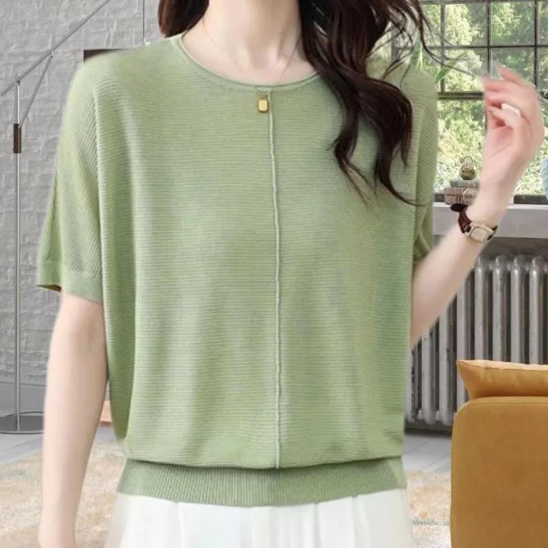 Women's Light Green Crew Neck Knit Top Short Sleeve Batwing Sleeve Casual Loose Blouse