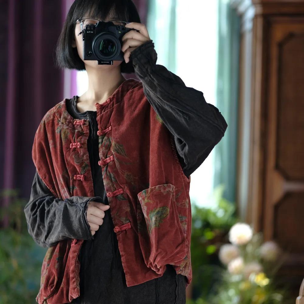 Johnature Women Coats O-Neck Sleeveless Print Floral Autumn Button Pockets Female Chinese Coats